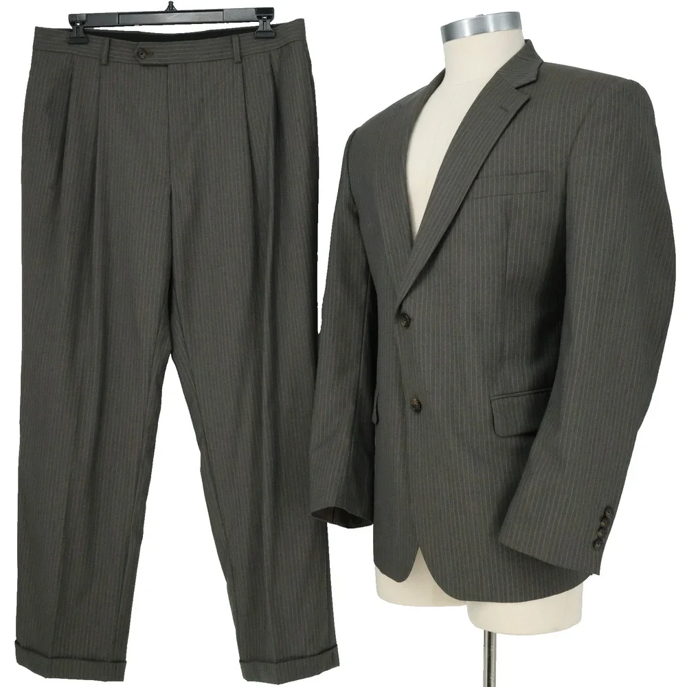 Jos A Bank Suit Mens 43R Gray Pinstripe Wool Pleated Cuffed Pants Single Vent